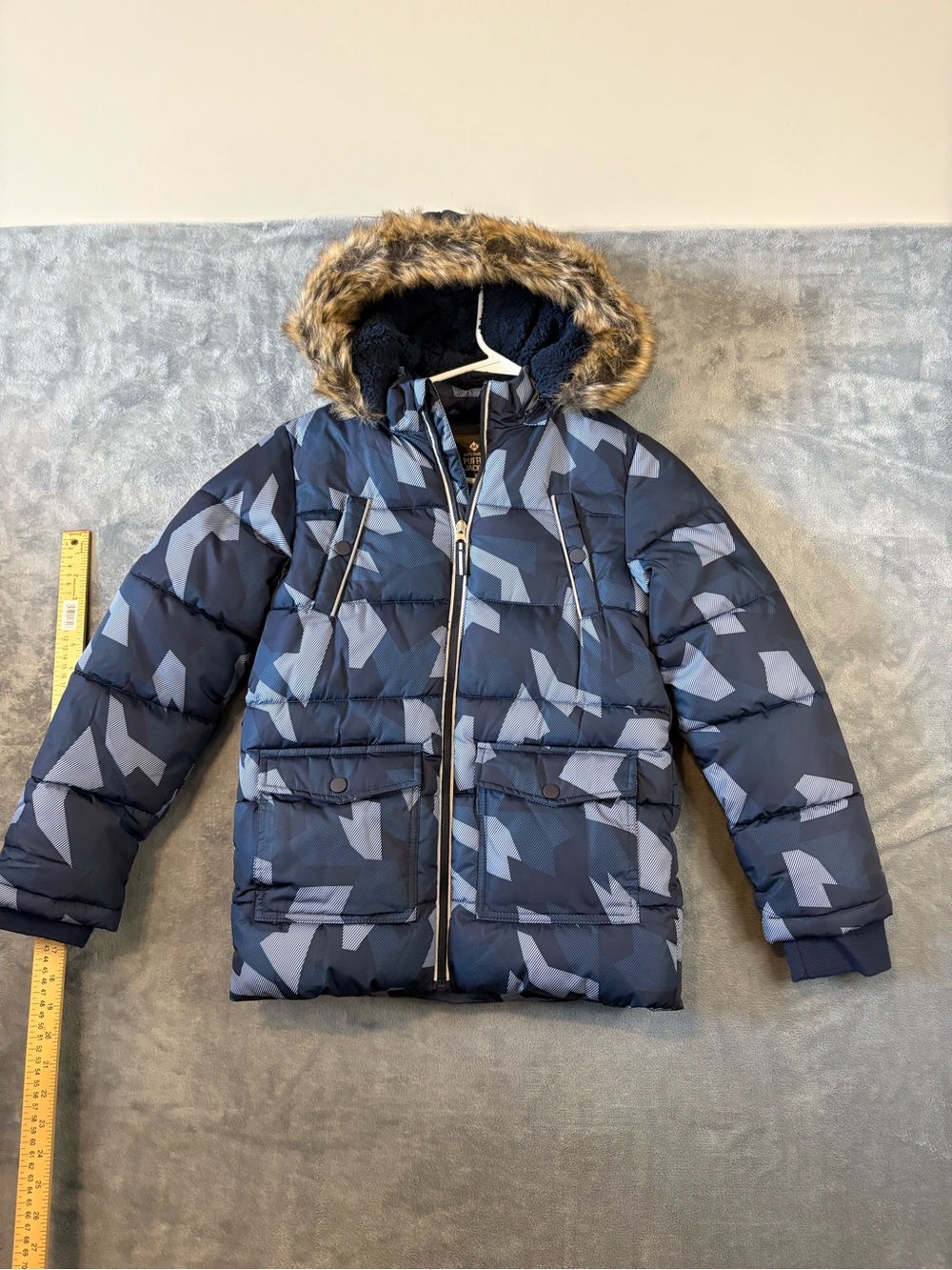 Kids Navy Blue Patterned Puffer Jacket with Faux Fur Hood